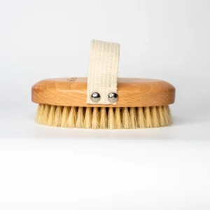 A wooden brush with two nails sticking out of it.